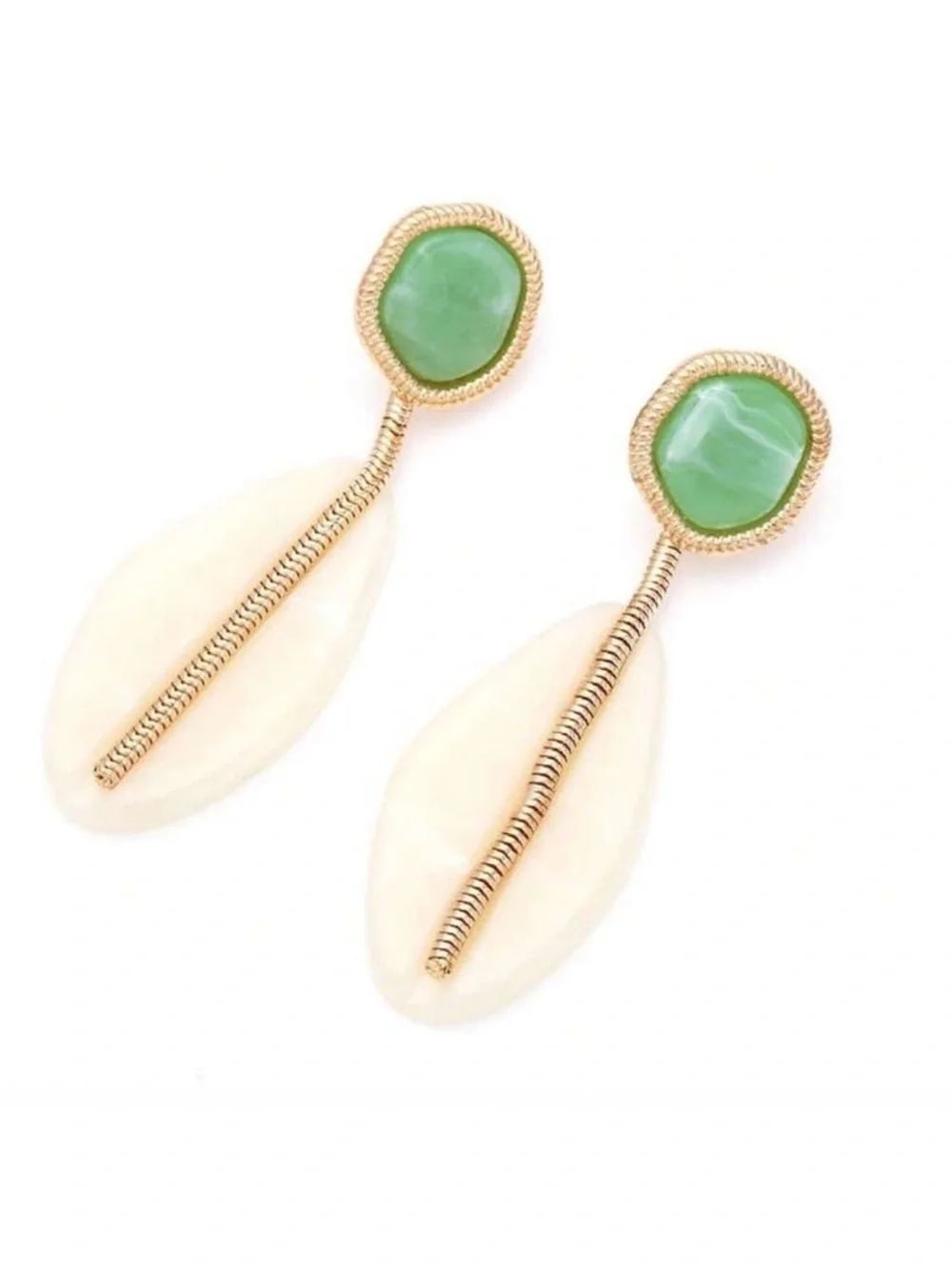 Gold-Tone Earrings with Green Stone & Cream Drop